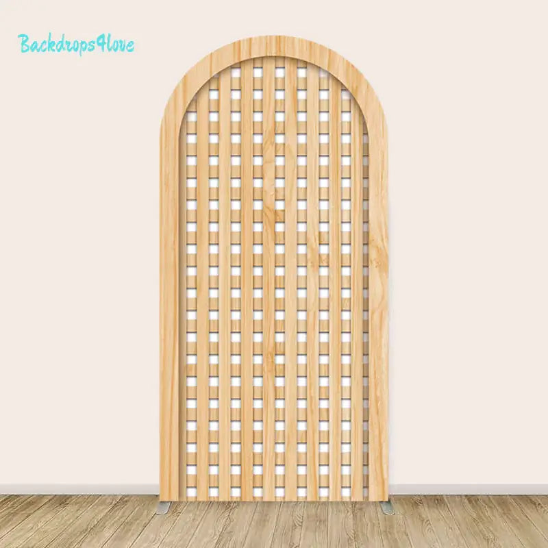 Center arch panel featuring a deep blue double door with arched top and ornate white iron scrollwork.