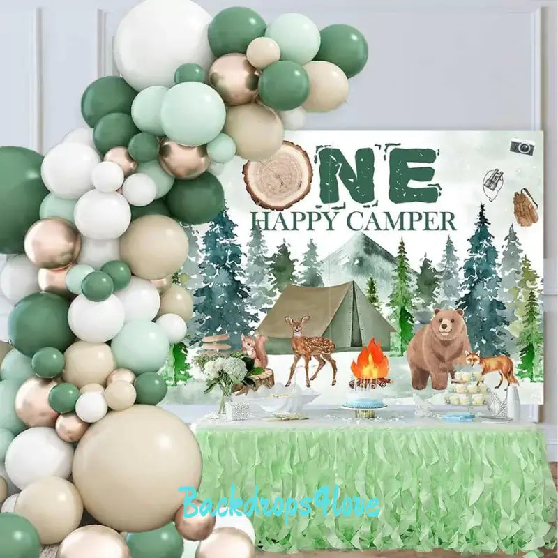 Woodland camping backdrop with animals and outdoor camping tent for party decoration.