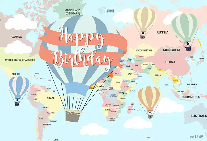 a photography banner features happy birthday hot air balloons float on the world map