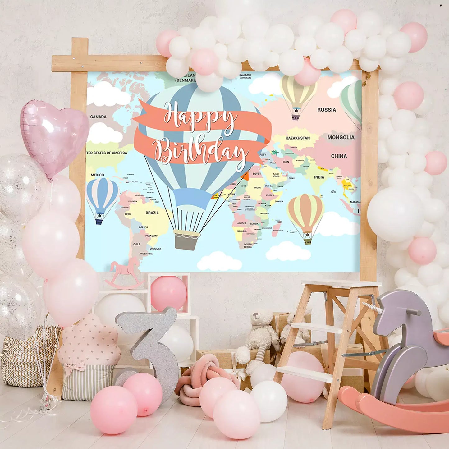 world map hot air balloons happy birthday photography backdrop decorations